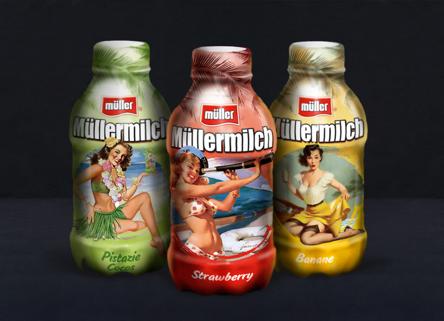 Packaging design - summer style et pinups pour du lait à boire saveur fruits - Müllermilch