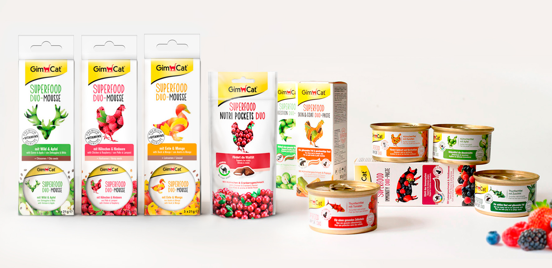 Packaging Design, nourriture pour chats "Superfood", riches en fruits, légumes et vitamines, pour la marque allemande GimCat