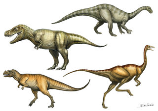 Plateosaurus, Tyrannosaurus rex, Ceratosaurus, Gallimimus