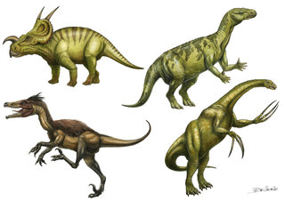 Einosaurus, Iguanodon, Velociraptor, Therizinosaurus
