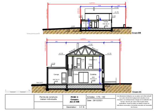 Habitation R+1 - Coupes sur construction et terrain