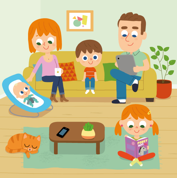 Famille dans le salon, illustration pour livre jeunesse, édition Lito