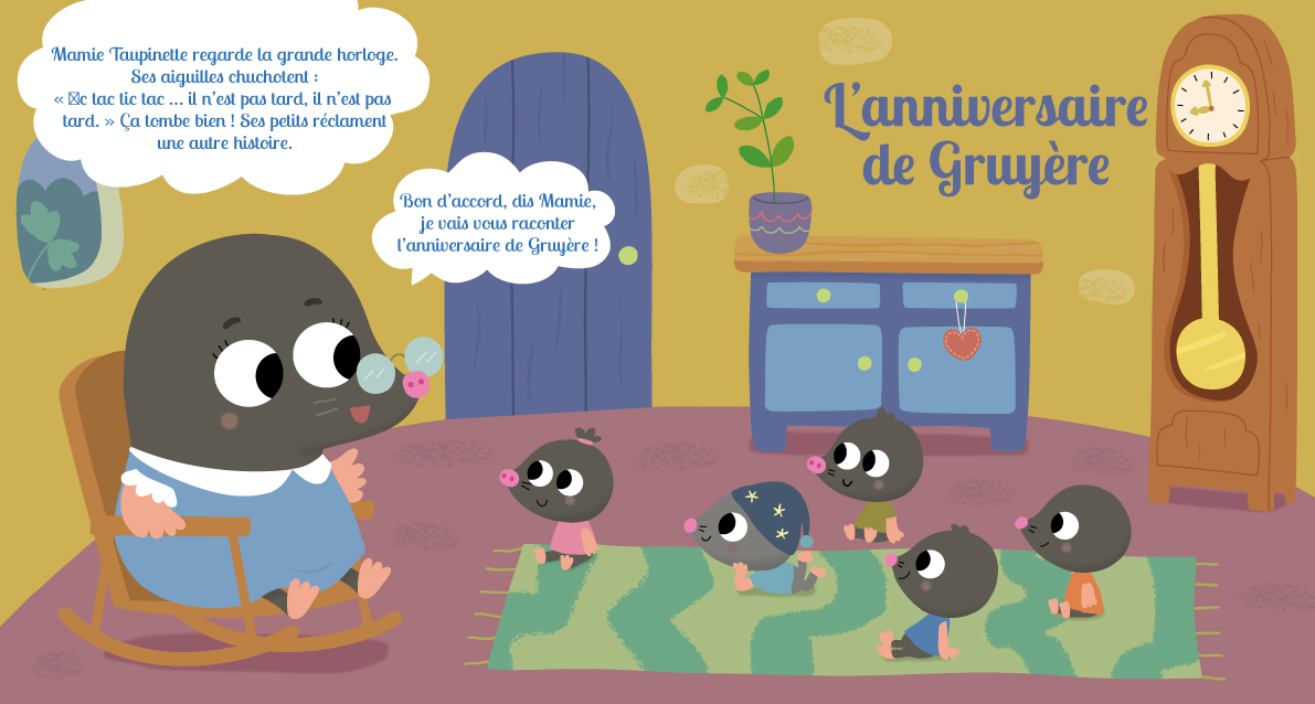 Mamie taupe et ses petites taupes, illustration pour livre de contes. édition Lito