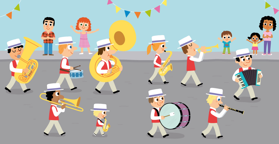 Fanfare des musiciens, illustration pour livre jeunesse, édition Larousse