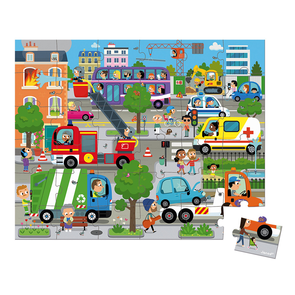 illustration des transports et engins dans la ville, puzzle Janod