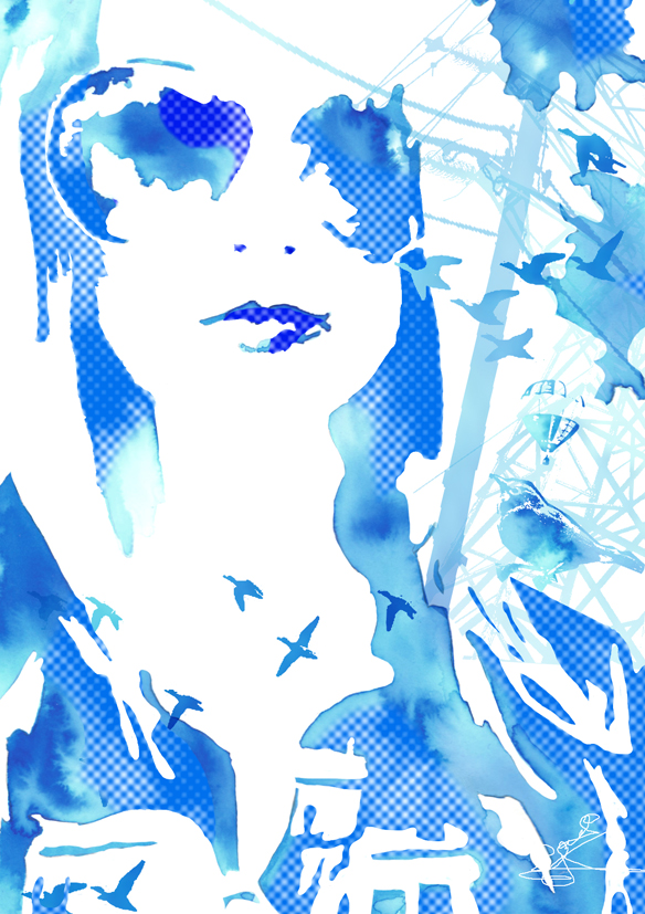 Woman in blue sky<br/><span>encre + traitement sur PC</span>