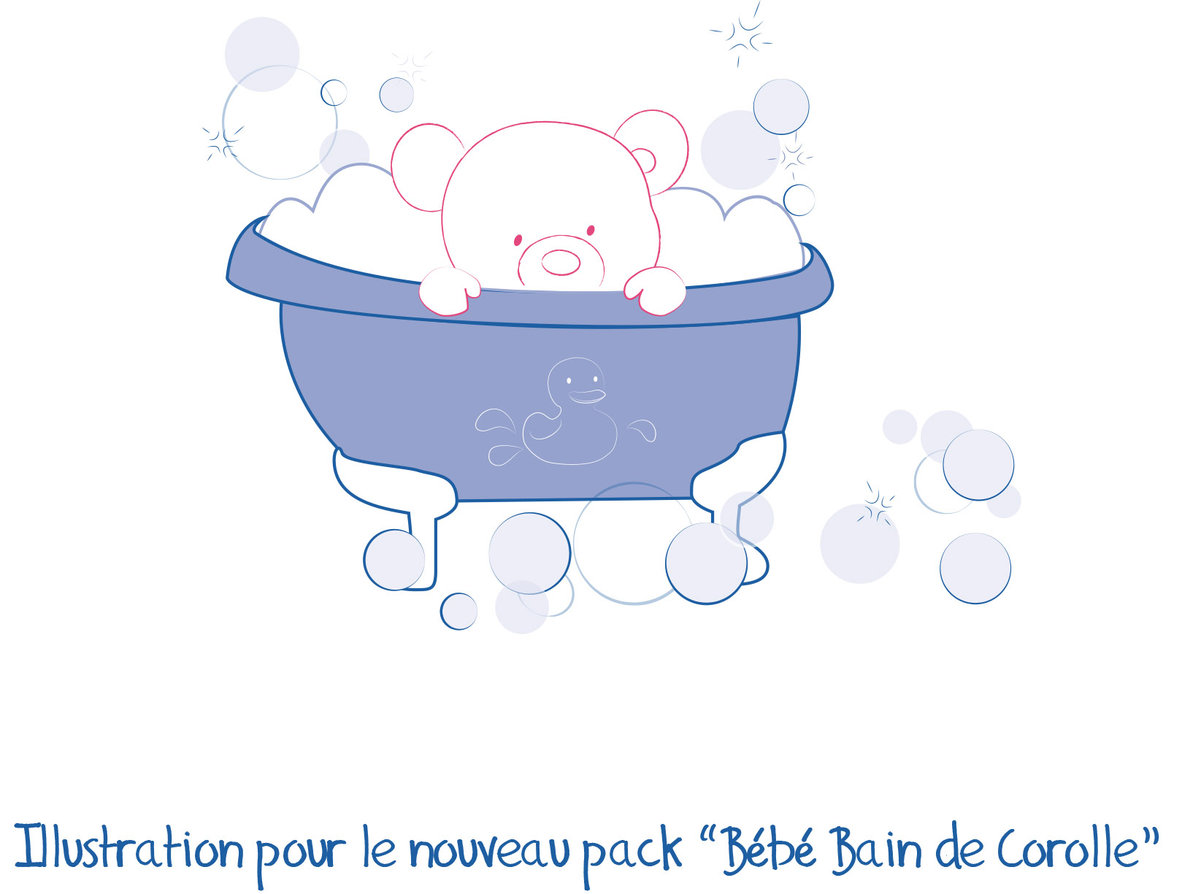 Illustration packaging bébé bain pour Corolle<br/><span></span>