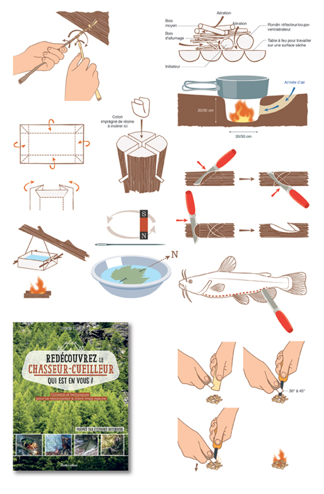 Illustrations pour un guide de reconnexion avec la nature en appliquant les techniques primitives de survie (Rustica, 2019).