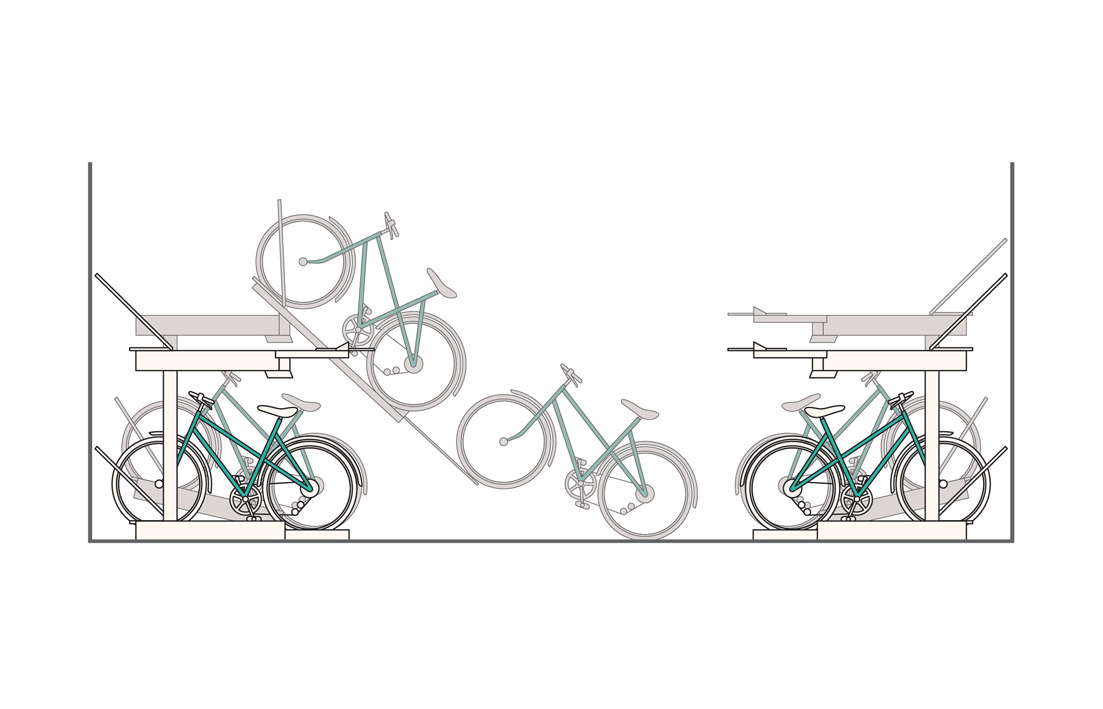 Schéma expliquant le fonctionnement d'un abri à vélos (Studio Baylaucq, 2008).