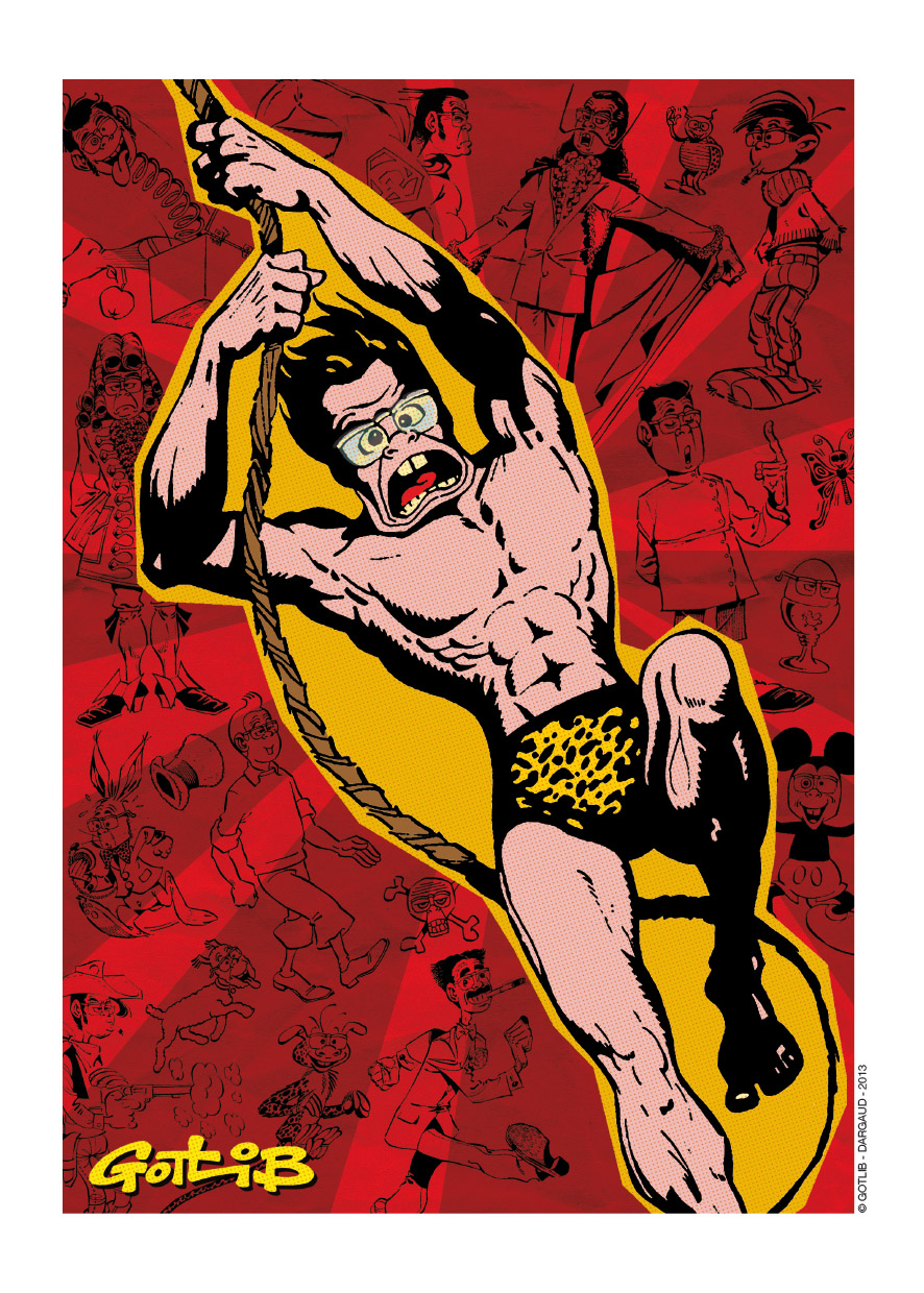 Illustration de couverture du hors-série GOTLIB de TONNERRE DE BULLES, réalisée à partir de dessins noir et blanc (2013)