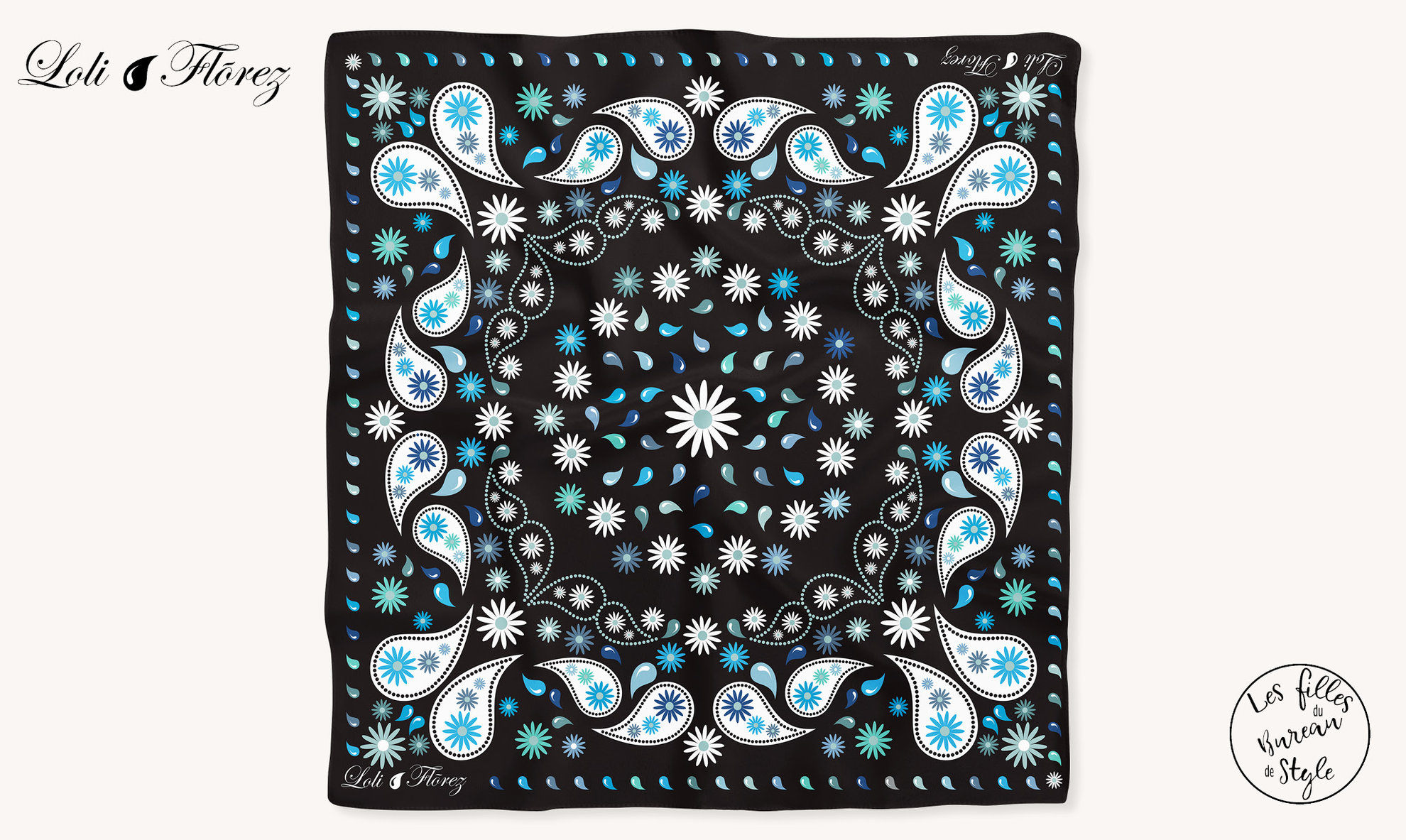 Création dessin foulard, collection homme Loli Flõrez. "Calimity H Flowers", coloris denim-noir.
