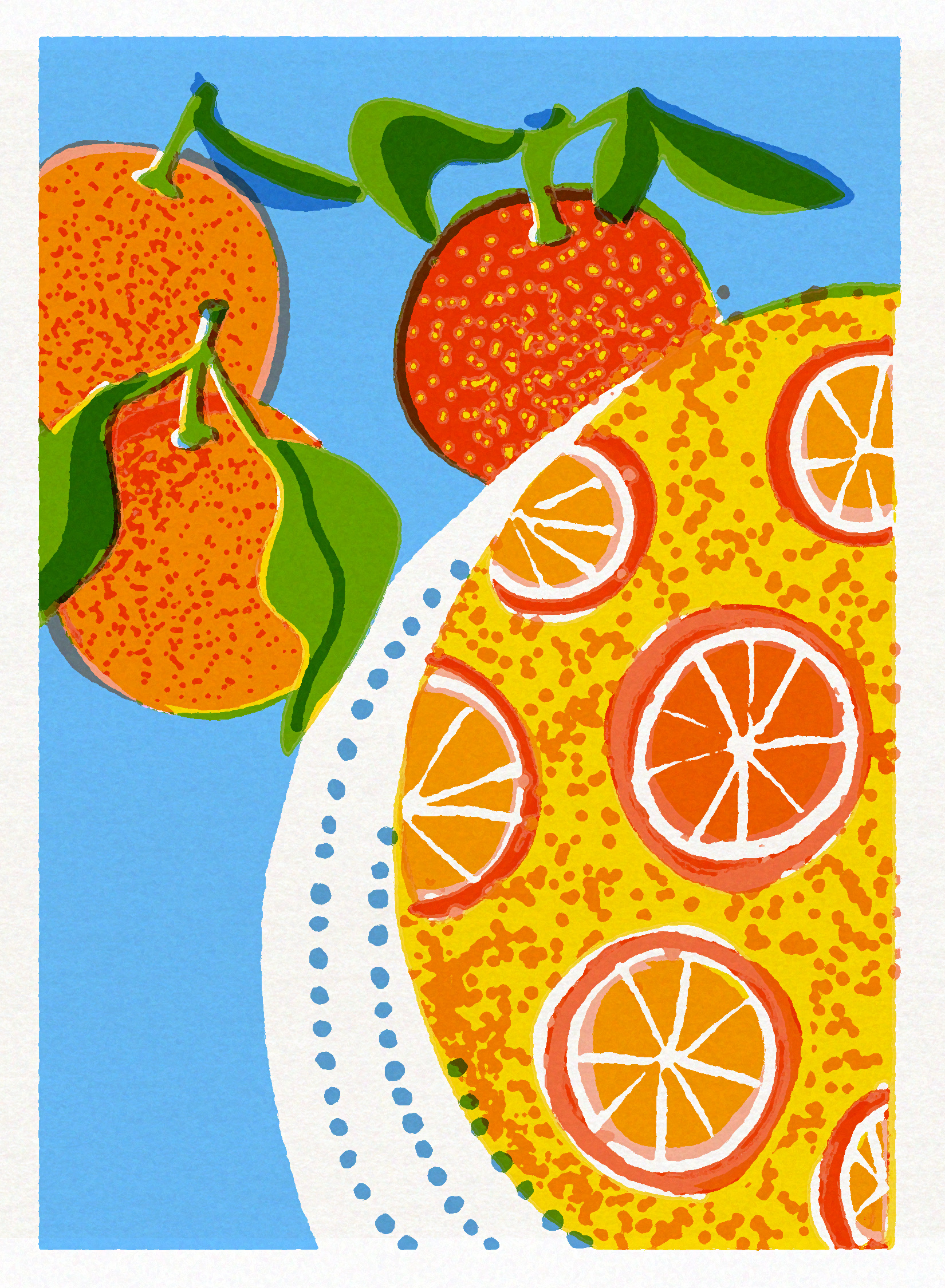 Still life illustration of an orange cake