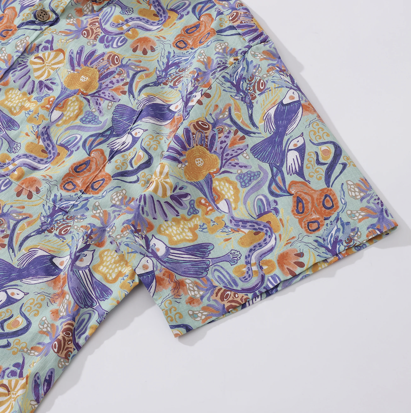 MOTIF MERMAIDS BIRDS CHEMISE HAWAIENNE - YIUME -