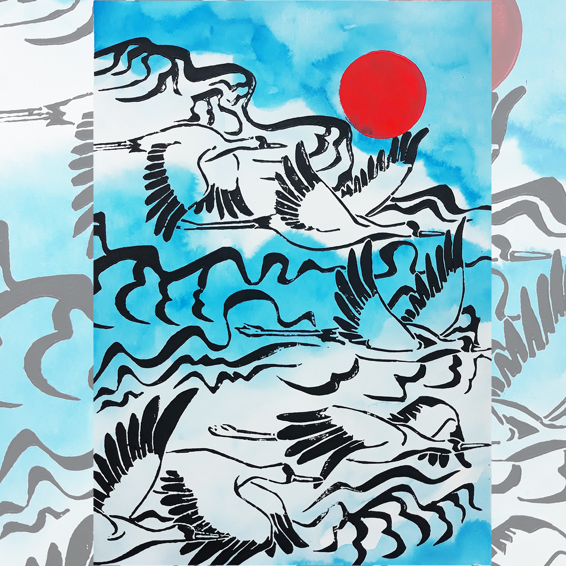 Cranes (linocut A4 and inkjet print cards, A5, A4) )