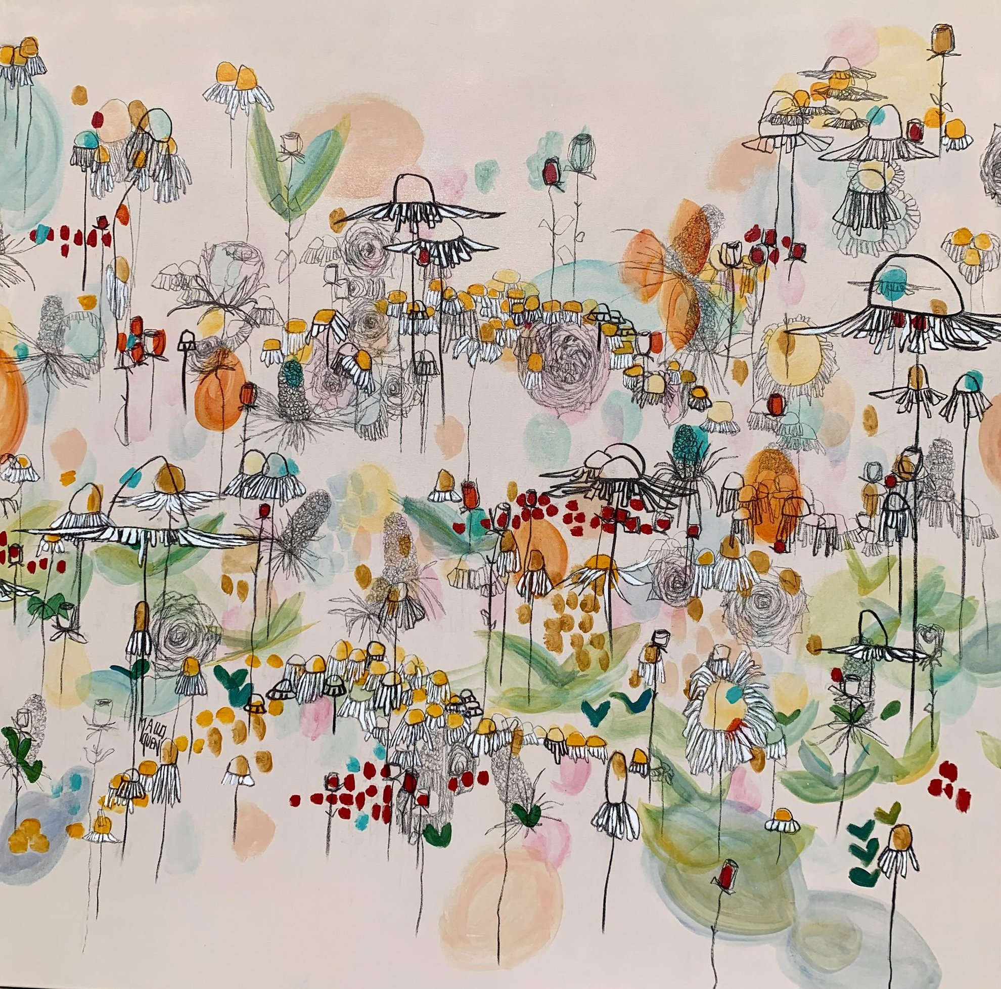 POLLENS AND CO 120x120 cm  Acrylique et fusain sur toile   VENDU