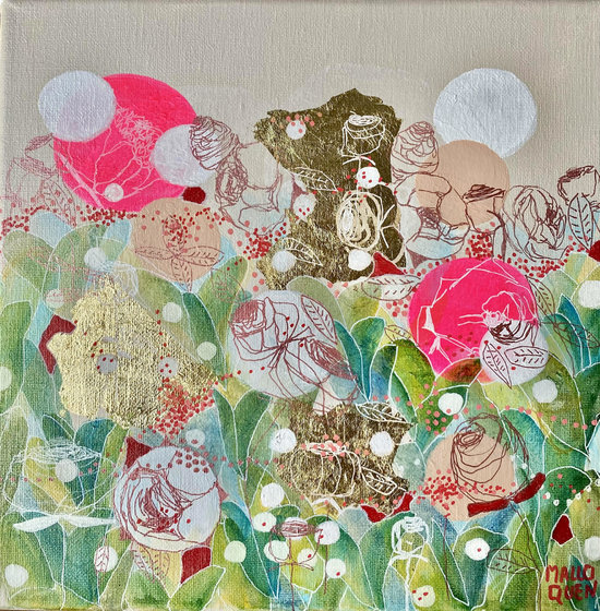 NAXOS 30x30 cm Fusain,  papier collé, posca, feuille d'or et acrylique sur toile 2024 -VENDU