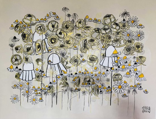 AMORGOS 89X116 cm Fusain,  posca, papier collé, feuille d'or, acrylique sur toile 2024 -850 €