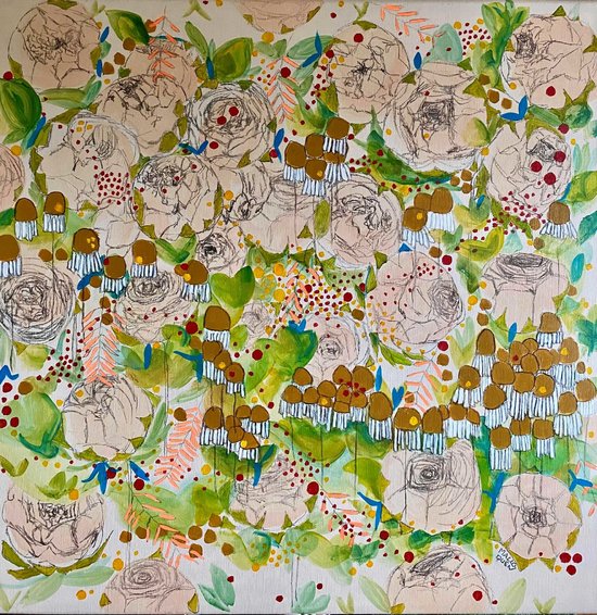 FIESTA 80x80 cm Fusain,  posca et acrylique sur toile 2024 -750 €