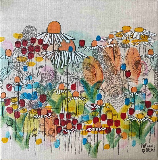 JOIE  30x30 cm Fusain,  posca et acrylique sur toile 2024 -145 €