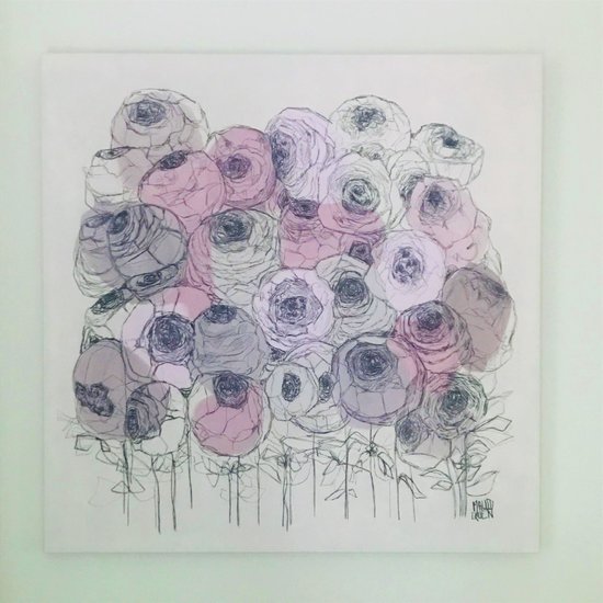 PASSION PIVOINES  120x120 cm Acrylique et fusain  sur toile VENDU