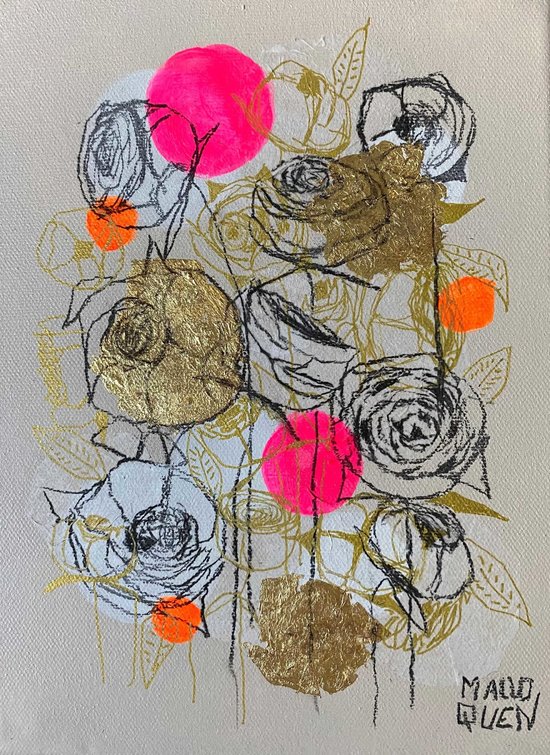 SYROS  18x24 cm Fusain,  feuille d'or , papier collé et acrylique sur toile 2024 -95  €