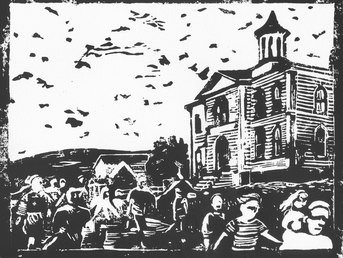 Les Oiseaux- A. Hitchcock  (Linogravure)