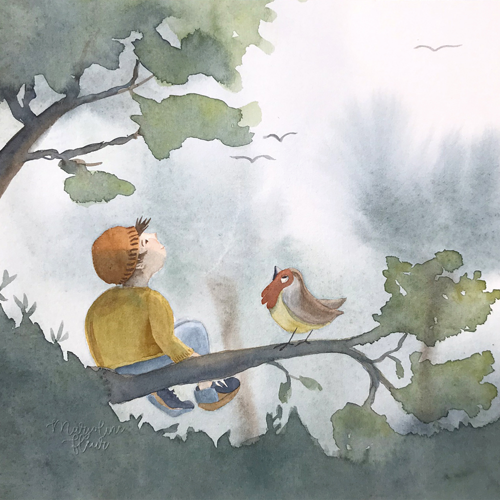 aquarelle-marjolinefleur-l'enfant et l'oiseau