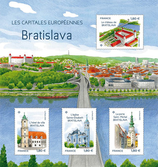 Feuille de timbres sur Bratislava, gouache et crayons