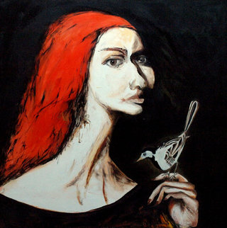 Femme et oiseau 60x60 hile sur toile 2014