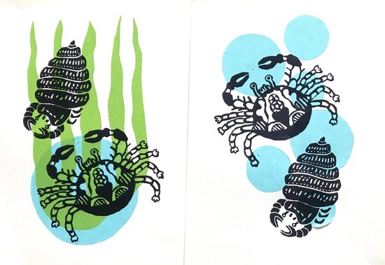 Crabe et Bernard. Linogravure. A3. 100.-