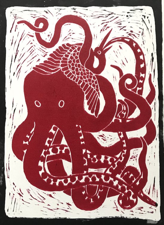 Pieuvre et grue. linogravure. A3. 100.-