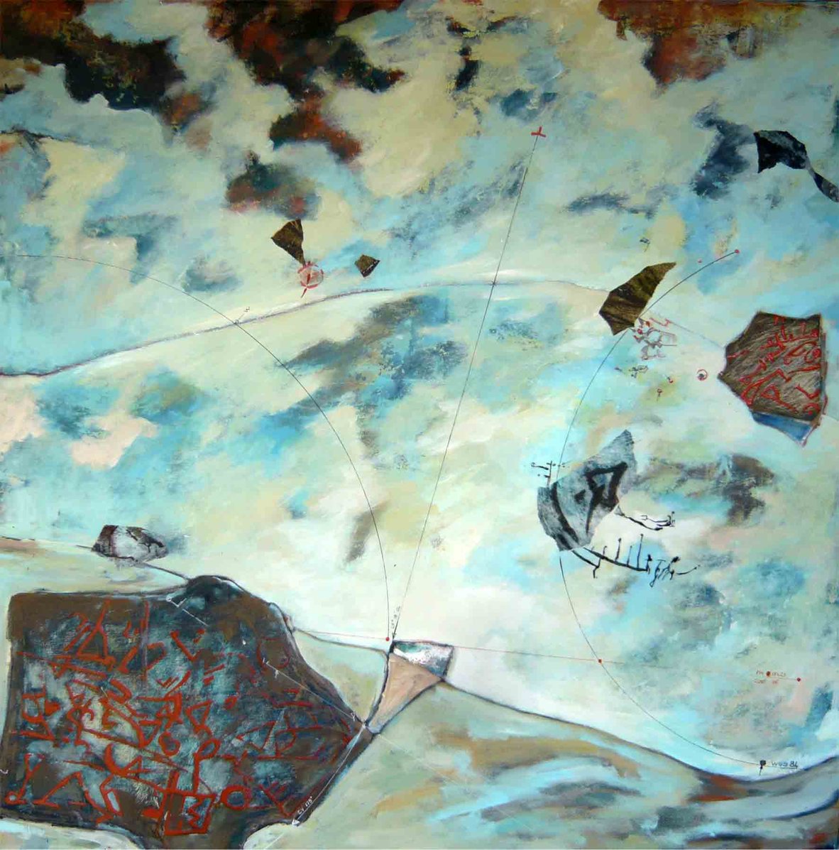 Sky dream bay<br/><span>Acrylique sur toile, craie grasse, encre et papiers préparés en collagraphie
100 cm x 100 cm</span>