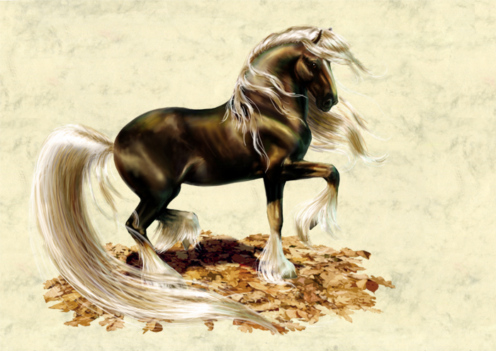 Nouvelle image<br/><span>Un cheval mystérieux que l'on peut croisé lorsque l'on se perd  dans une foret d'or.
Technique: Huile et ordinateur.</span>