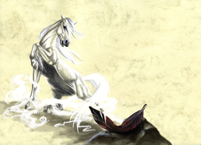 Fantôme<br/><span>L'esprit bienveillant d'un cheval blanc qui aida un indien d'Amérique. 
Technique: Huile et ordinateur.</span>