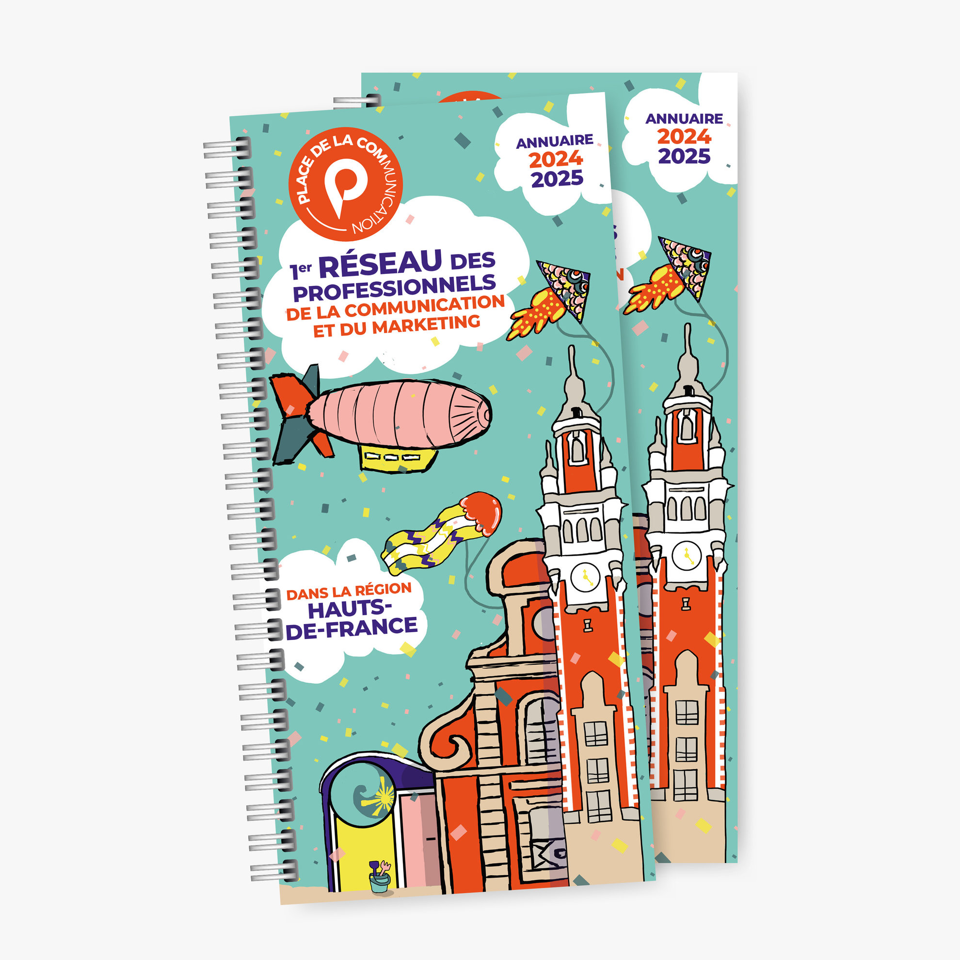Création de la ligne graphique des 200 pages de l'annuaire 2024-25 pour la Place de la communication à Lille. La couverture sélectionnée est réalisée par Élise Masson, étudiante de l'école BRASSART.