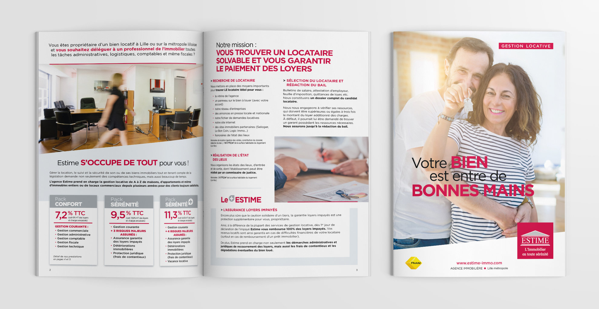 Conception et création de la plaquette gestion locative et partenaires de l'agence immobilière. Argumentaires et présentation des différentes offres en gestion locative sur 8 pages. Team créatif.