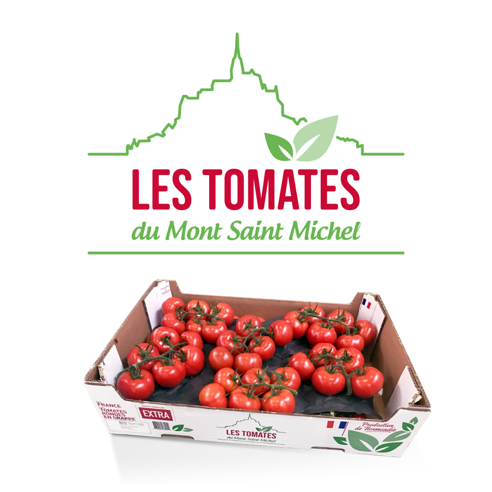 Création du logo Les Tomates du Mont Saint Michel, création du logo et de l'habillage des conditionnements de légumes frais.