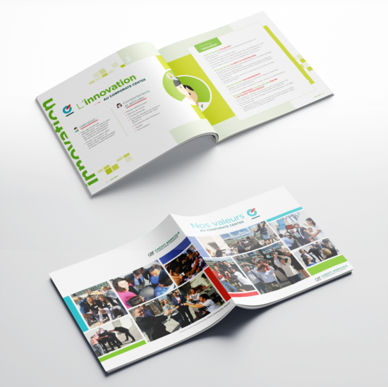 Création et mise en page de plaquette interne CA CF de 20 pages. Les valeurs au corporate center.