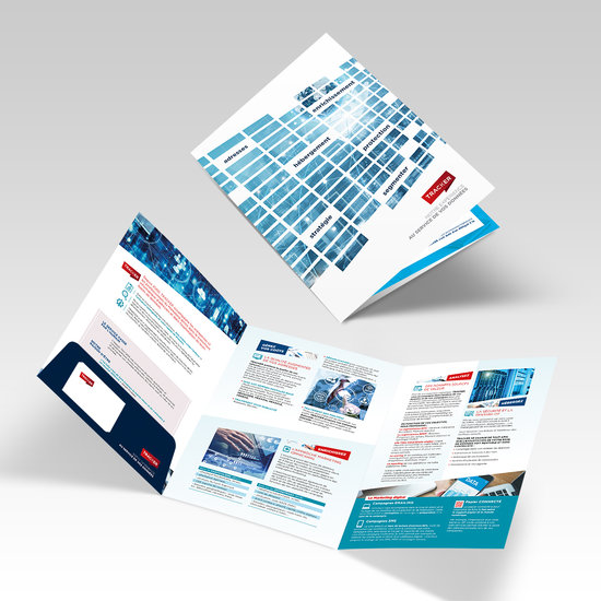 Conception et création, mise en page de la plaquette d'entreprise Tracker. Team créatif.