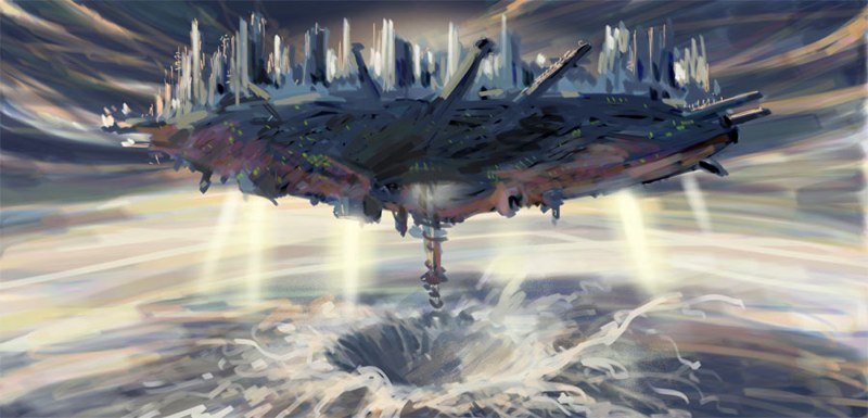 Cité volante<br/><span>Recherche pour décor de BD d'une cité futuriste capable de sortir des eaux de la Méditerranée. (dessin effectué avant stargate Atlantis et en moins cher)</span>
