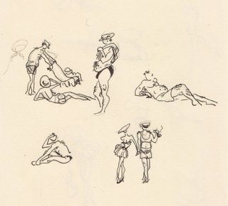 Caricatures : hommes, femmes, bébé à la plage