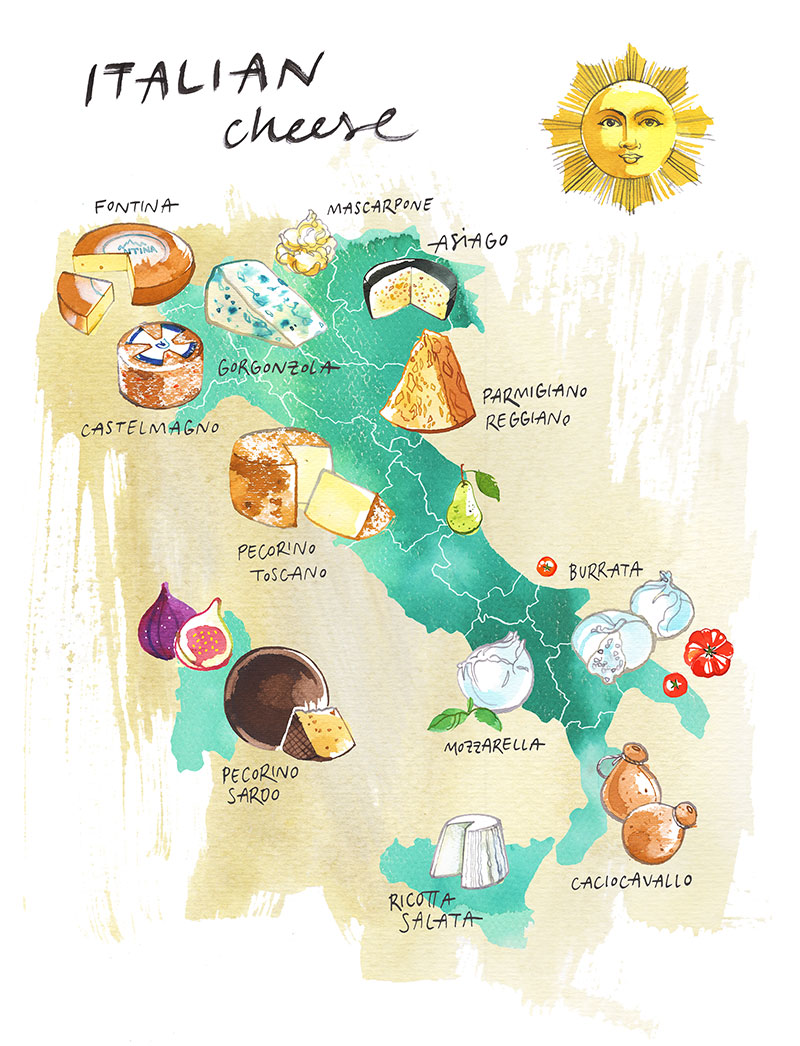 L'Italie et ses fromages, carte illustrée
