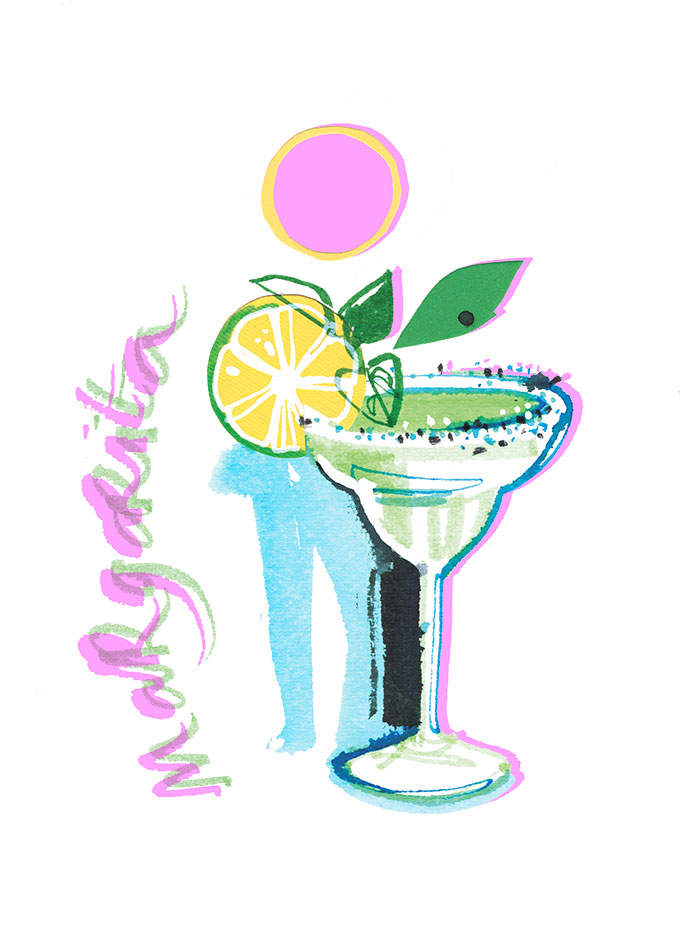 Margarita cocktail, watercolor food illustration
