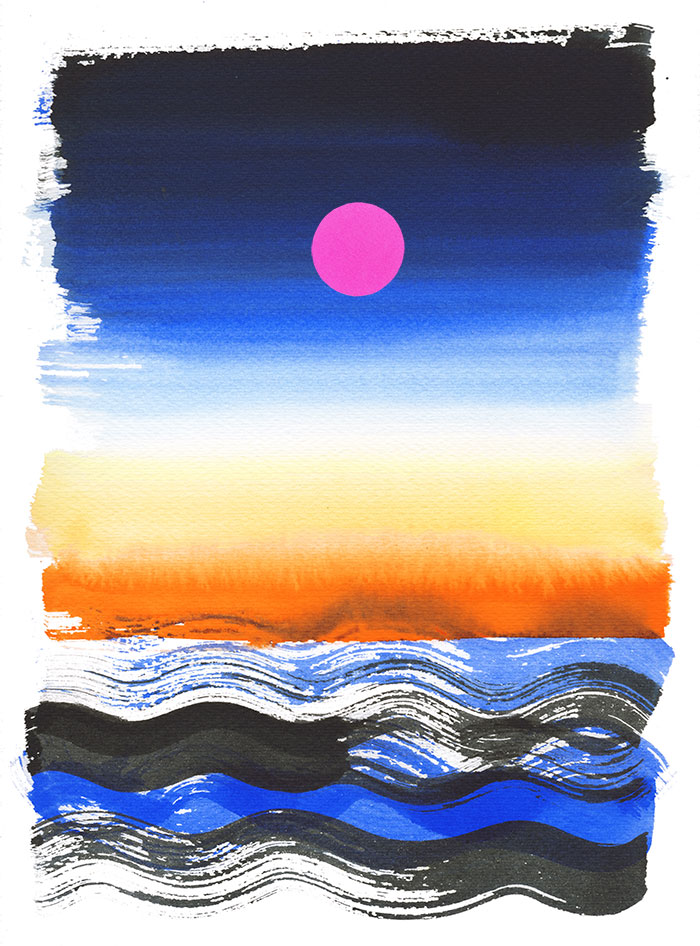 Sea sunset, watercolor and collage