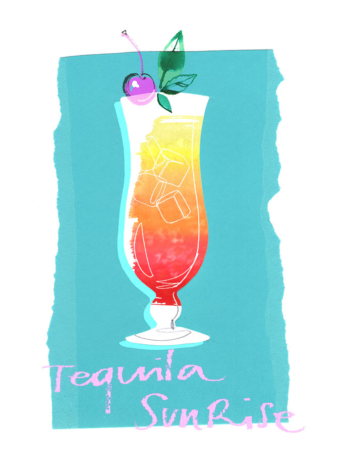 Tequila Sunrise cocktail, mixed media food illustration