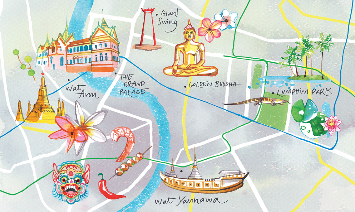 illustrated Map of Bangkok, Thailand