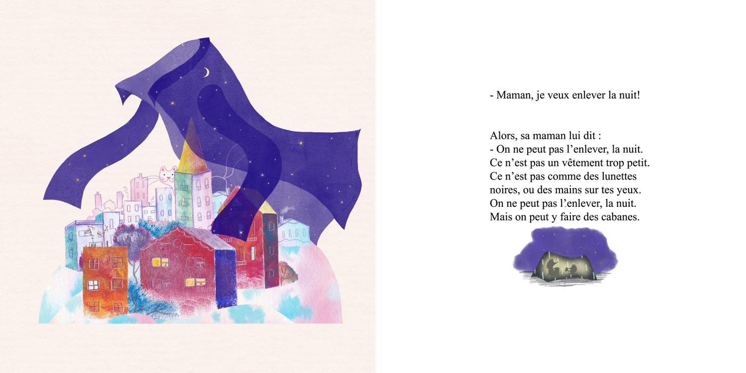 L'illustration est fondée sur le livre "Je veux enlever la nuit" de Hélène Gaudy (Date de sortie : 02 novembre 2016 chez Cambourakis ). Elle a été faite dans le cadre de ma formation.